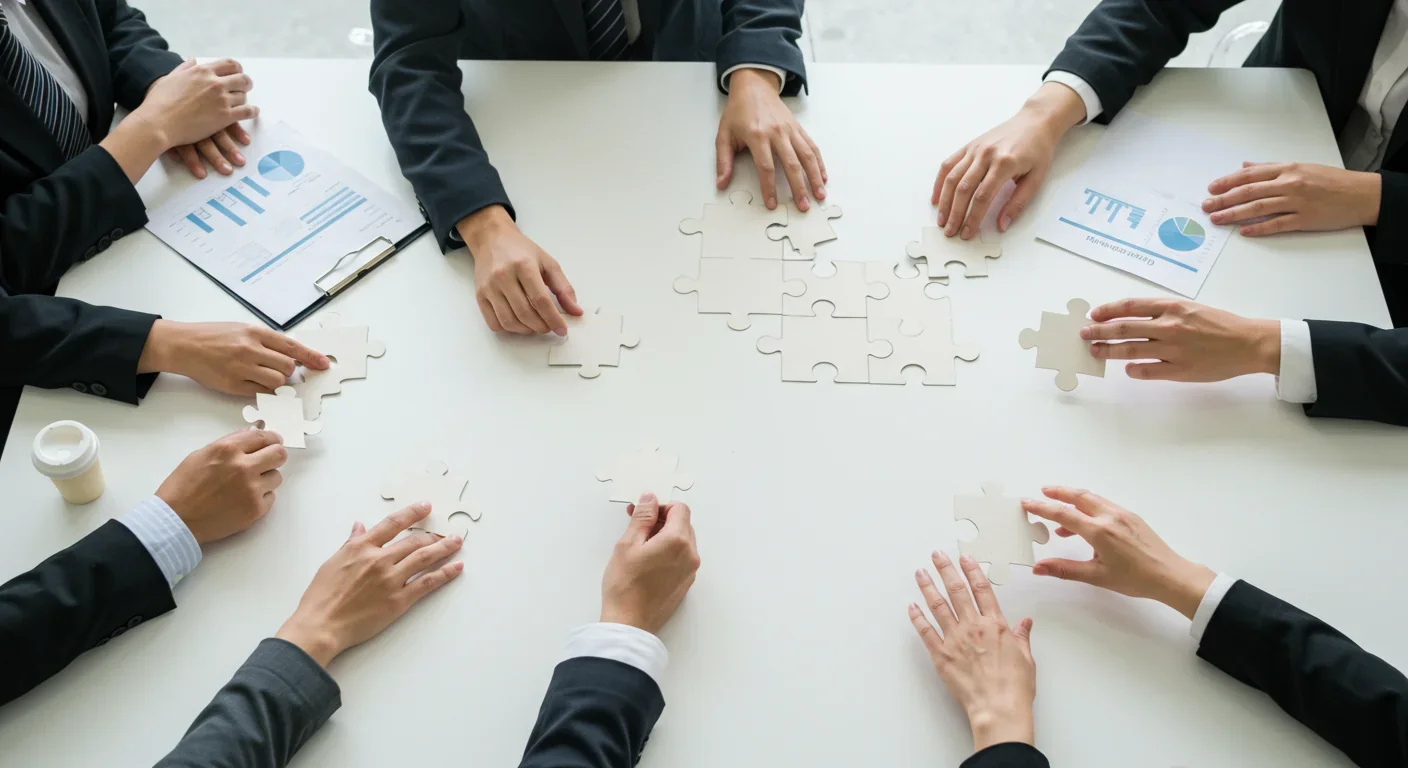 Multiple diverse hands assembling puzzle pieces together on a table