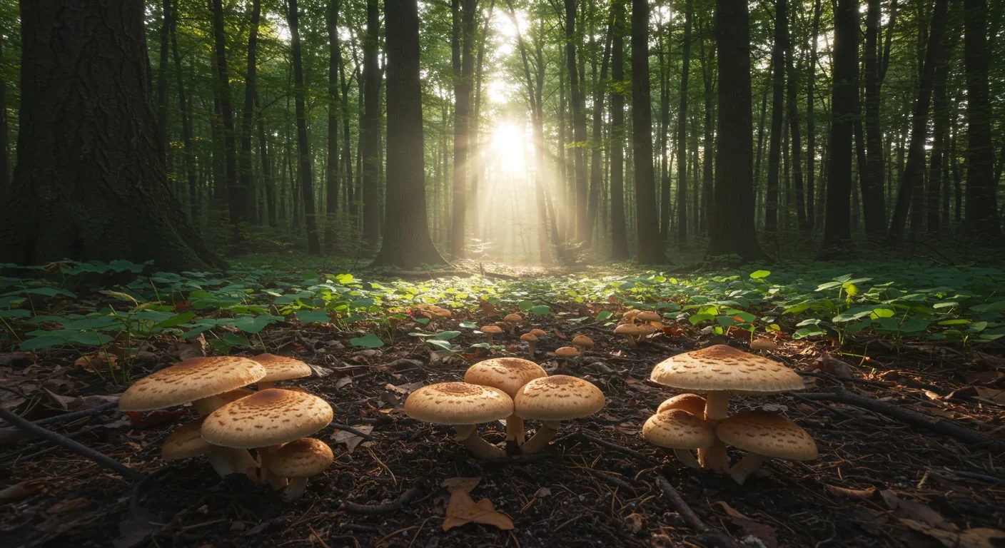 Mushrooms growing on forest floor beneath tall trees with filtered sunlight showing the visible part of underground fungal networks