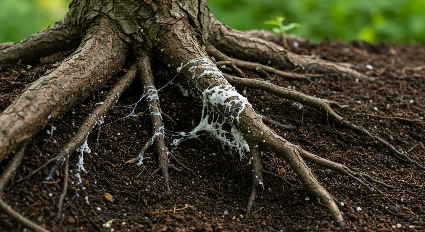 Tree roots intertwined with white fungal threads in dark soil showing mycorrhizal network connections