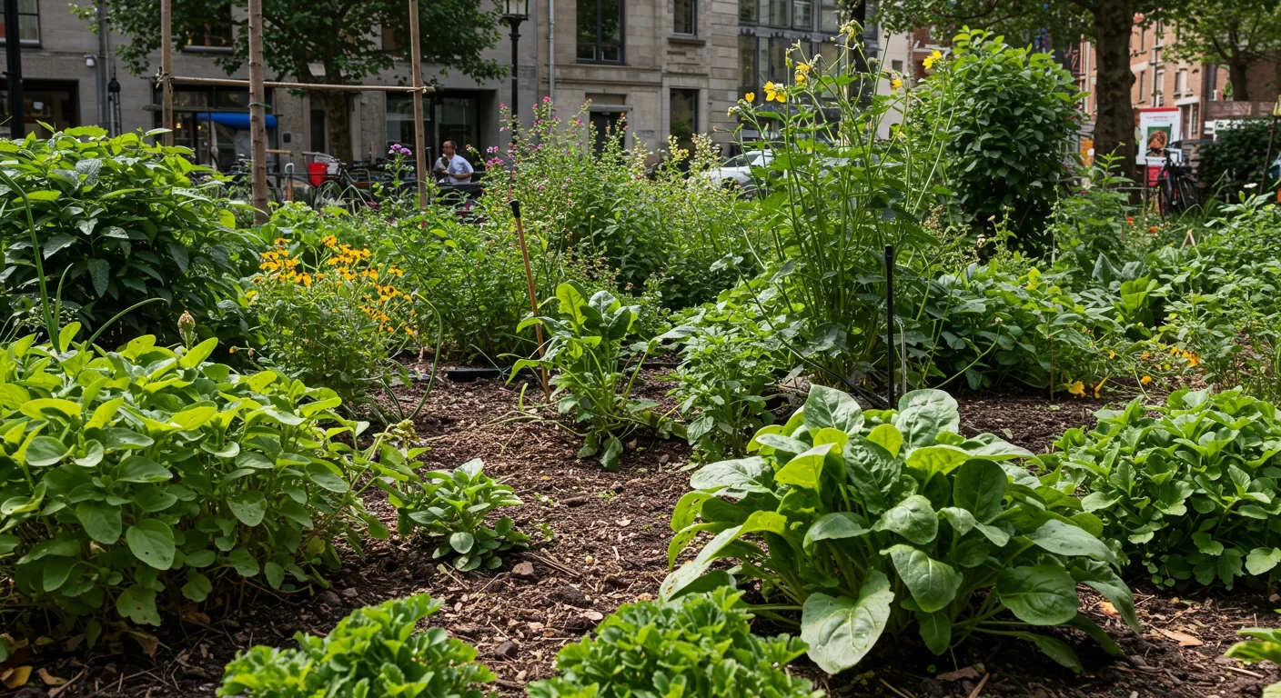Thriving urban garden with multiple plant species growing together demonstrating mycorrhizal network benefits