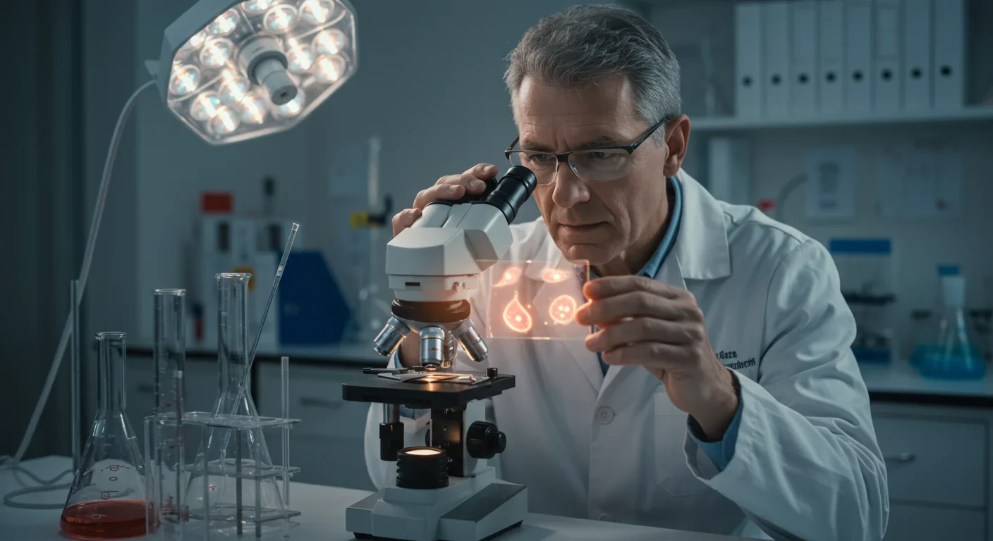 Scientist examining human cells under microscope in modern research lab