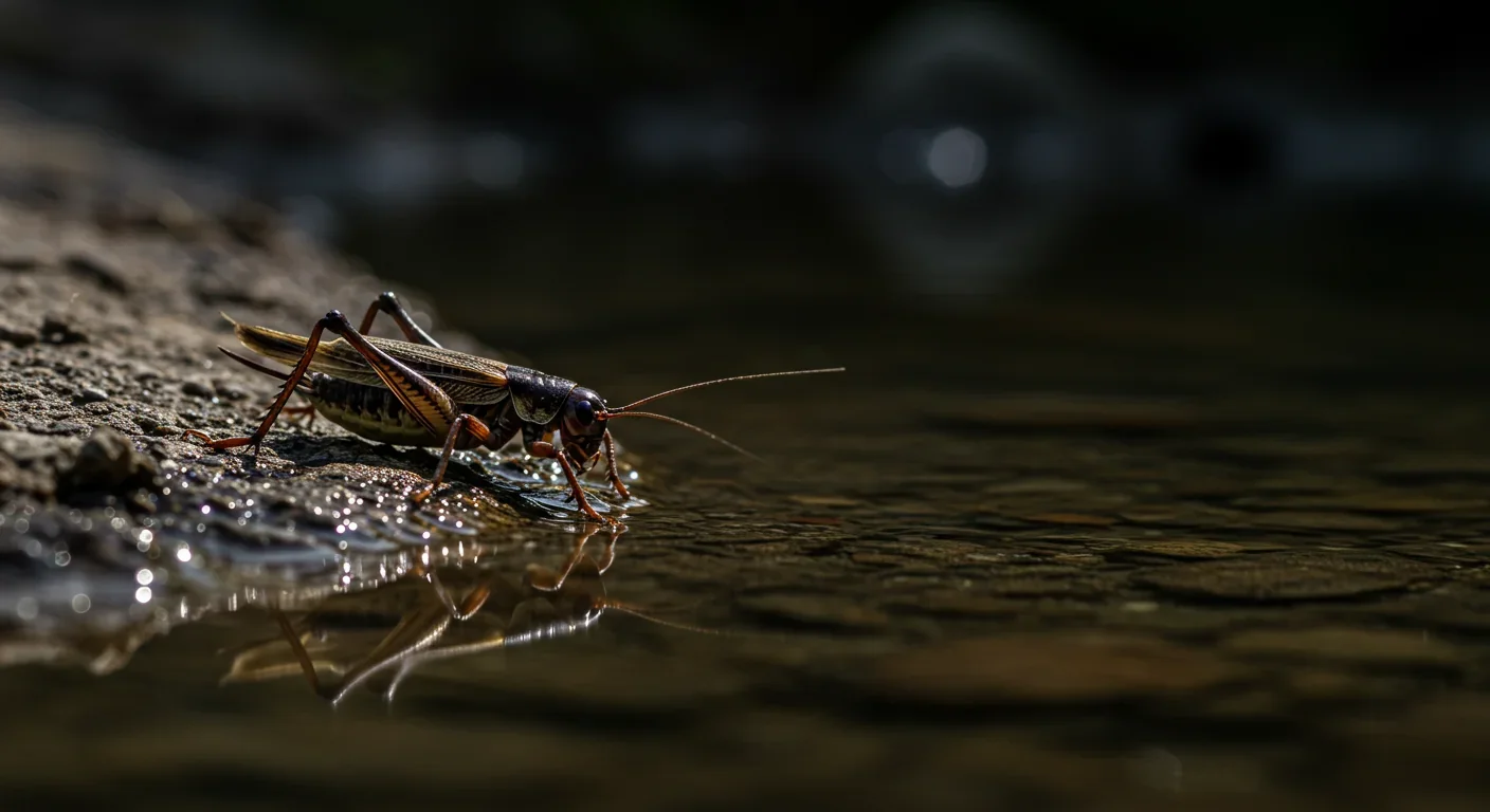 Cricket at water's edge demonstrating parasitic manipulation by hairworm that compels host to seek water